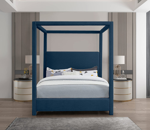 EmersonNavy-Q Emerson Collection Mid Century Modern Linen Textured Fabric Upholstered Canopy Bed, 67.5" W x 87.5" D x 79" H, Navy, Queen