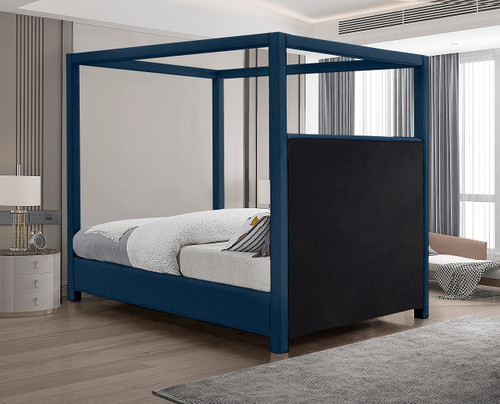 EmersonNavy-Q Emerson Collection Mid Century Modern Linen Textured Fabric Upholstered Canopy Bed, 67.5" W x 87.5" D x 79" H, Navy, Queen