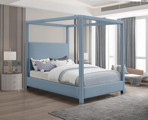 EmersonSkyBlu-Q Emerson Collection Mid Century Modern Linen Textured Fabric Upholstered Canopy Bed, 67.5" W x 87.5" D x 79" H, Sky Blue, Queen
