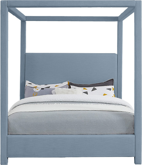 EmersonSkyBlu-Q Emerson Collection Mid Century Modern Linen Textured Fabric Upholstered Canopy Bed, 67.5" W x 87.5" D x 79" H, Sky Blue, Queen
