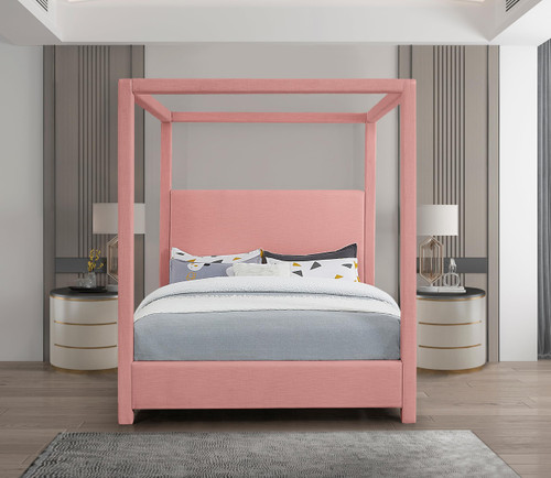 EmersonPink-K Emerson Collection Mid Century Modern Linen Textured Fabric Upholstered Canopy Bed, 83" W x 87" D x 78" H, Pink, King