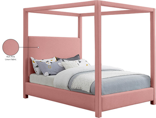 EmersonPink-K Emerson Collection Mid Century Modern Linen Textured Fabric Upholstered Canopy Bed, 83" W x 87" D x 78" H, Pink, King