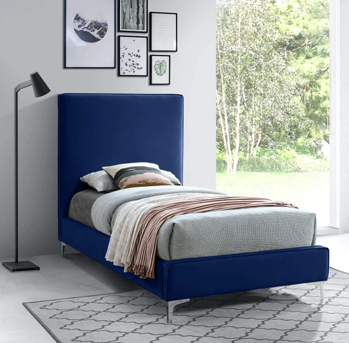 GeriNavy-T Geri Collection Modern | Contemporary Velvet Upholstered Bed with Piping on Headboard and Foorboard, Gold or Chrome Finish, 44" W x 81.7" D x 53" H, Twin, Navy