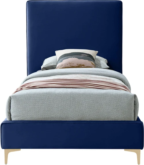 GeriNavy-T Geri Collection Modern | Contemporary Velvet Upholstered Bed with Piping on Headboard and Foorboard, Gold or Chrome Finish, 44" W x 81.7" D x 53" H, Twin, Navy
