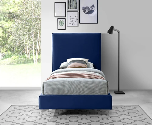 GeriNavy-T Geri Collection Modern | Contemporary Velvet Upholstered Bed with Piping on Headboard and Foorboard, Gold or Chrome Finish, 44" W x 81.7" D x 53" H, Twin, Navy