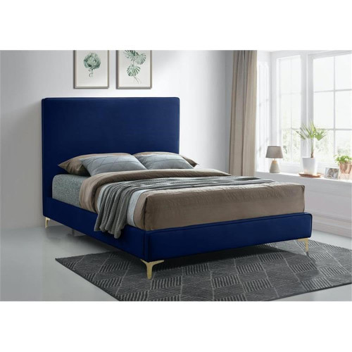 GeriNavy-F Geri Collection Modern | Contemporary Velvet Upholstered Bed with Piping on Headboard and Foorboard, Gold or Chrome Finish, 59.5" W x 81.75" D x 53" H, Full, Navy