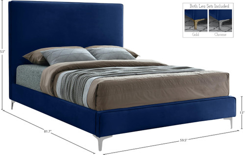 GeriNavy-F Geri Collection Modern | Contemporary Velvet Upholstered Bed with Piping on Headboard and Foorboard, Gold or Chrome Finish, 59.5" W x 81.75" D x 53" H, Full, Navy