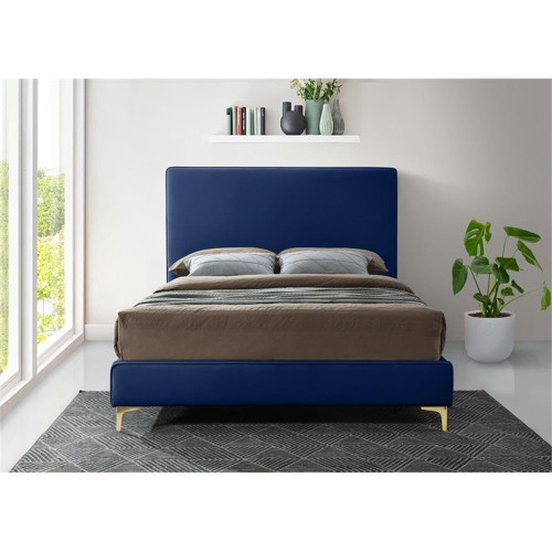 GeriNavy-F Geri Collection Modern | Contemporary Velvet Upholstered Bed with Piping on Headboard and Foorboard, Gold or Chrome Finish, 59.5" W x 81.75" D x 53" H, Full, Navy