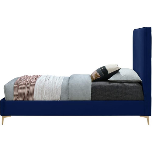 GeriNavy-F Geri Collection Modern | Contemporary Velvet Upholstered Bed with Piping on Headboard and Foorboard, Gold or Chrome Finish, 59.5" W x 81.75" D x 53" H, Full, Navy