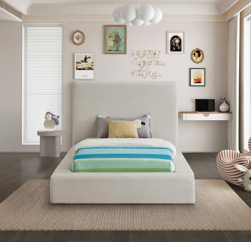DevinBeige-T Devin Collection Modern | Contemporary Bed with Luxe Linen Textured Fabric, 55.5" W x 92" D x 45" H, Beige, Twin Bed