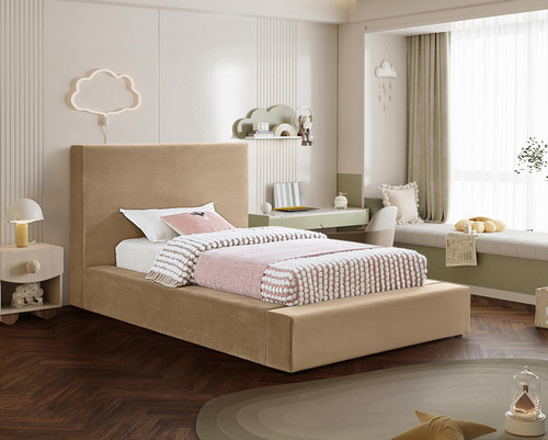 DorianBeige-T Dorian Collection Modern | Contemporary Twin Bed with Ultra Luxe Beige Velvet, 52" W x 90" D x 45" H, Beige, Twin