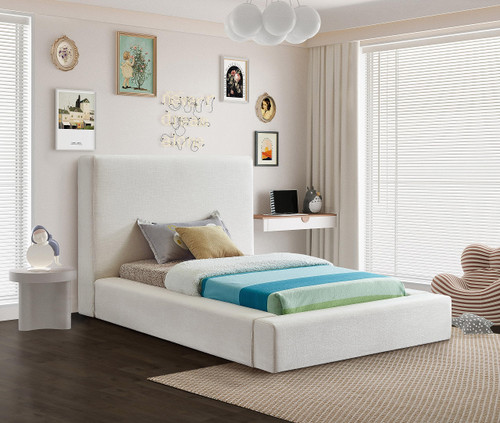 DevinCream-T Devin Collection Modern | Contemporary Bed with Luxe Linen Textured Fabric, 55.5" W x 92" D x 45" H, Cream, Twin Bed