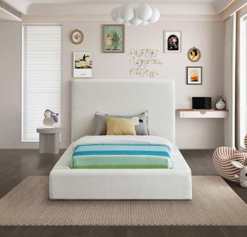 DevinCream-T Devin Collection Modern | Contemporary Bed with Luxe Linen Textured Fabric, 55.5" W x 92" D x 45" H, Cream, Twin Bed