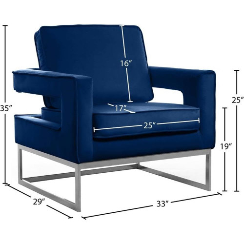Noah Collection Modern | Contemporary Velvet Upholstered Accent Chair with Durable Stainless Steel Base, Navy, Chrome Base
