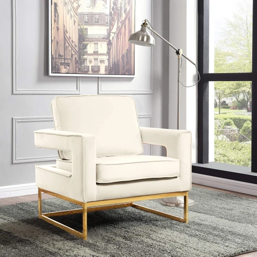 Noah Collection Modern | Contemporary Velvet Upholstered Accent Chair with Durable Iron, 33" W x 29" D x 35" H, Cream, Gold Base