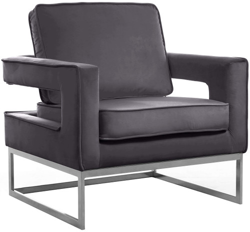 Noah Collection Modern | Contemporary Velvet Upholstered Accent Chair with Durable Stainless Steel Base, Grey, Chrome Base