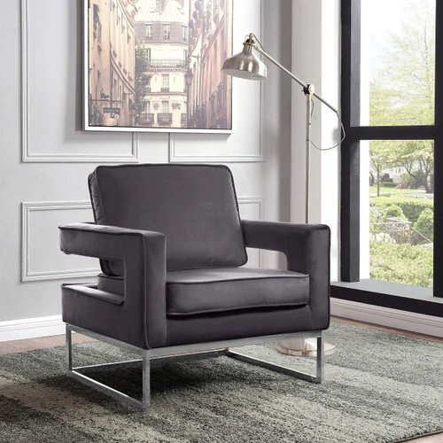 Noah Collection Modern | Contemporary Velvet Upholstered Accent Chair with Durable Stainless Steel Base, Grey, Chrome Base