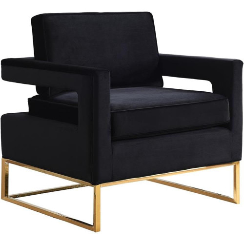 Black Velvet Upholstered Accent Chair with Stainless Steel Base in a Rich Gold Finish, 33.5" W x 29.5" D x 35.5" H,