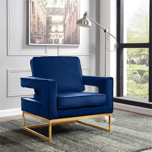 Noah Collection Modern | Contemporary Velvet Upholstered Accent Chair with Durable Stainless Steel Base, Navy, Gold Base