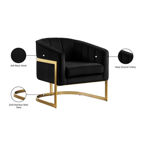 Carter Collection Modern | Contemporary Upholstered Velvet Barrel Accent Chair with Gold Stainless Base, Black, 30" W x 29" D x 30" H