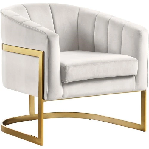 Carter Collection Modern | Contemporary Upholstered Velvet Barrel Accent Chair with Gold Stainless Base, Cream, 30" W x 29" D x 30" H