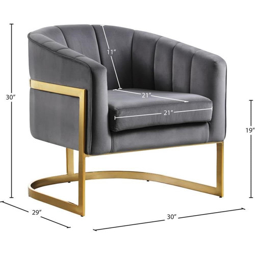 Carter Collection Modern | Contemporary Upholstered Velvet Barrel Accent Chair with Gold Stainless Base, Grey, 29" W x 27.5" D x 31" H