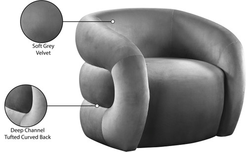 Grey Roxbury Collection Modern | Contemporary Velvet Upholstered Accent Chair with Deep Channel Tufted Back, Grey, 33" W x 29.5" D x 28" H