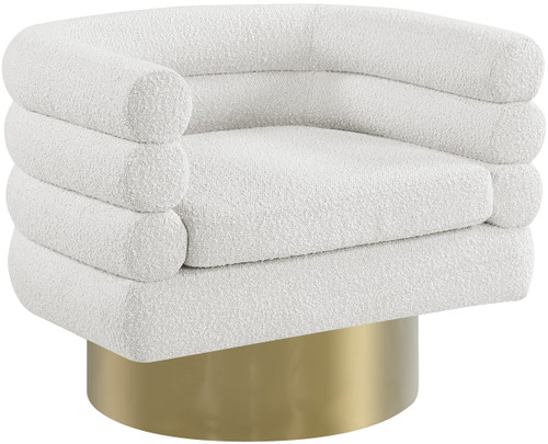 Cream Tessa Collection Modern | Contemporary Boucle Fabric Upholstered Swivel Accent Chair with Brushed Gold Base and Deep Channel Tufted Back, Cream, 33.5" W x 28" D x 26.5" H