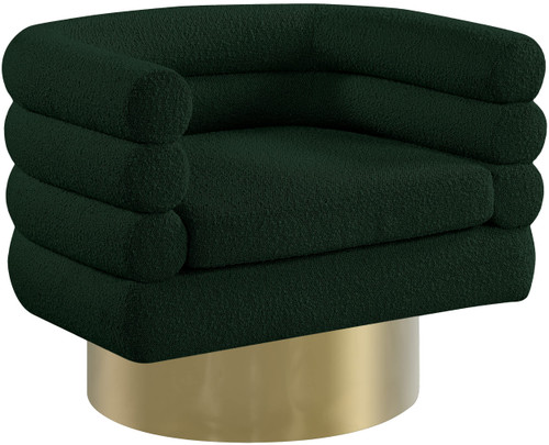 Green Tessa Collection Modern | Contemporary Boucle Fabric Upholstered Swivel Accent Chair with Brushed Gold Base and Deep Channel Tufted Back, Green, 33.5" W x 28" D x 26.5" H