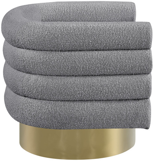 Grey Tessa Collection Modern | Contemporary Boucle Fabric Upholstered Swivel Accent Chair with Brushed Gold Base and Deep Channel Tufted Back, Grey, 33.5" W x 28" D x 26.5" H