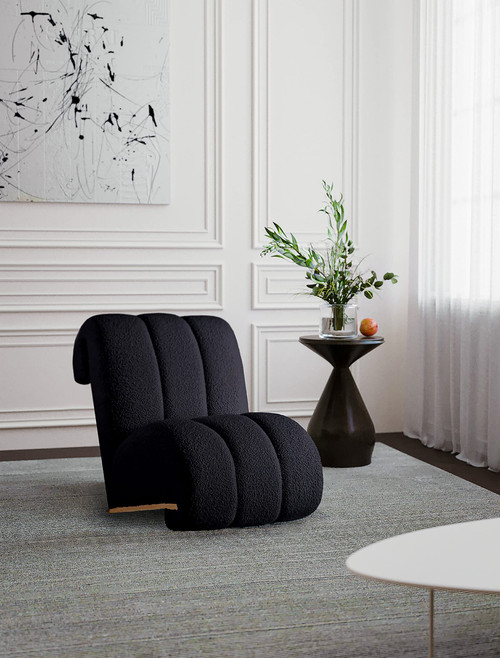 Black Swoon Collection Modern | Contemporary Accent Chair with Soft Black Faux Sheepskin Fabric, White Oak Veneer, Deep Channel Tufting, 25.5" W x 35.5" D x 30" H, Black