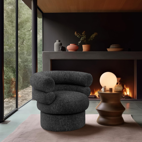 Black Valentina Collection Modern | Contemporary Swivel Accent Chair with Rich Black Linen Textured Fabric with White Weave, Deep Channel Tufting, 34" W x 31" D x 28" H, Black