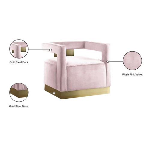 Pink Armani Collection Modern | Contemporary Velvet Upholstered Accent Chair with Sturdy Steel Base and Back in Gold Finish, 31.5" W x 28" D x 28" H, Pink
