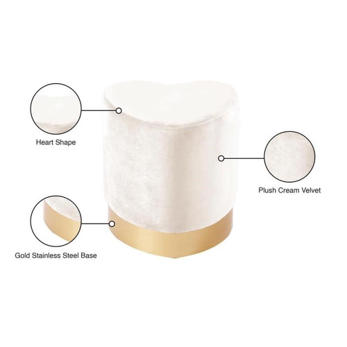 Heart Collection Modern | Contemporary Velvet Upholstered Ottoman with Durable Stainless Steel Base in Gold Finish, 15" W x 15" D x 16.5" H, Cream