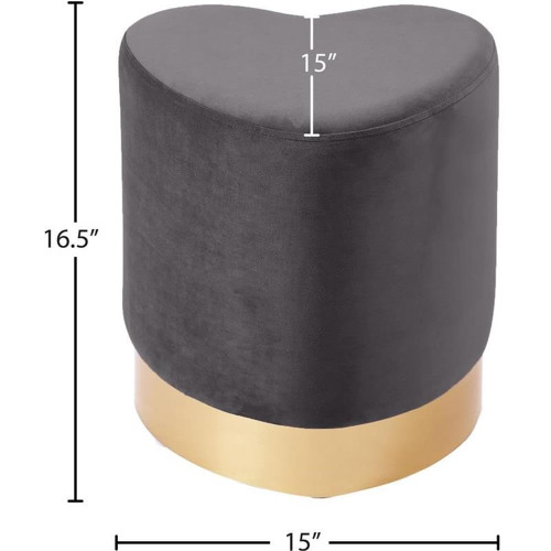 Heart Collection Modern | Contemporary Velvet Upholstered Ottoman with Durable Stainless Steel Base in Gold Finish, 15" W x 15" D x 16.5" H, Grey