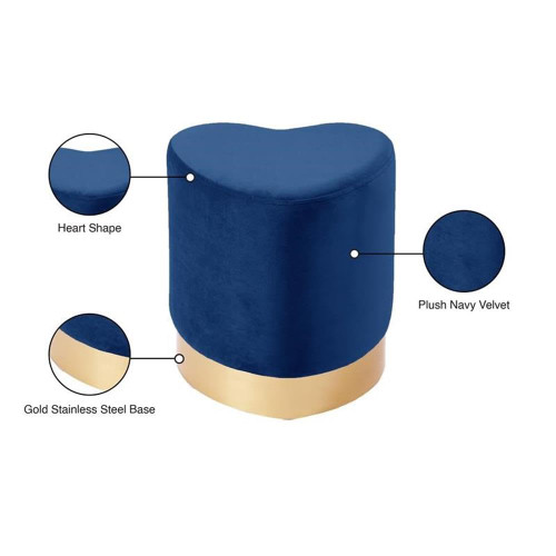 Heart Collection Modern | Contemporary Velvet Upholstered Ottoman with Durable Stainless Steel Base in Gold Finish, 15" W x 15" D x 16.5" H, Navy