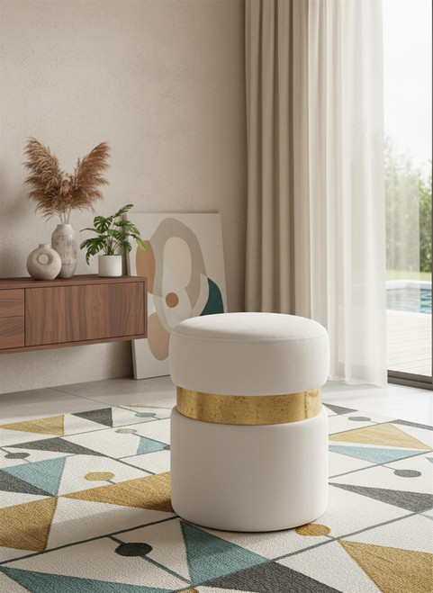 Hailey Collection Modern | Contemporary Velvet Upholstered Ottoman/Stool with Stainless Steel Band, 14.5" W x 14.5" D x 17.5" H, Cream