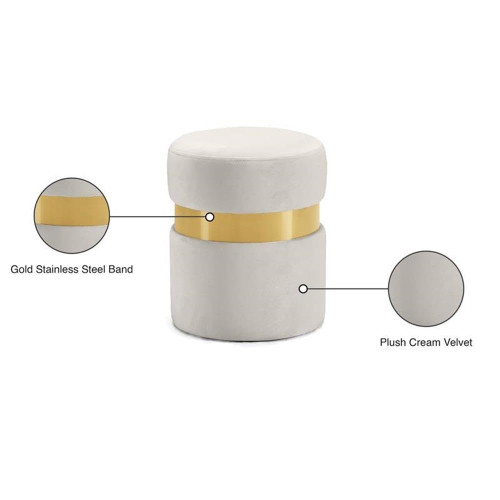 Hailey Collection Modern | Contemporary Velvet Upholstered Ottoman/Stool with Stainless Steel Band, 14.5" W x 14.5" D x 17.5" H, Cream