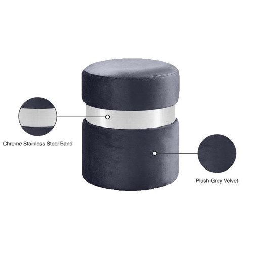 Hailey Collection Modern | Contemporary Velvet Upholstered Ottoman/Stool with Stainless Steel Band, 14.5" W x 14.5" D x 17.5" H, Grey