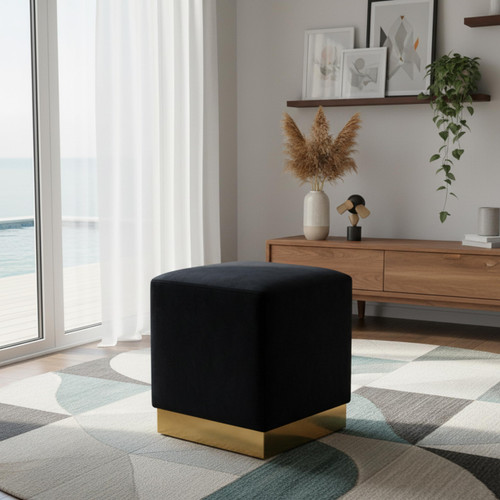 Jax Collection Modern | Contemporary Velvet Upholstered Ottoman/Stool with Durable Stainless Steel Base, 14.5" W x 14.5" D x 17.5" H, Black