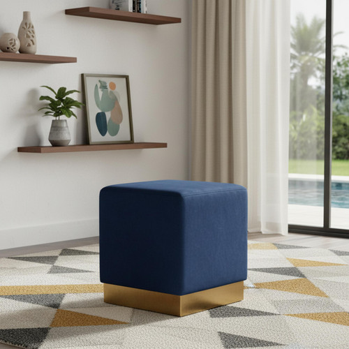 Jax Collection Modern | Contemporary Velvet Upholstered Ottoman/Stool with Durable Stainless Steel Base, 14.5" W x 14.5" D x 17.5" H, Navy
