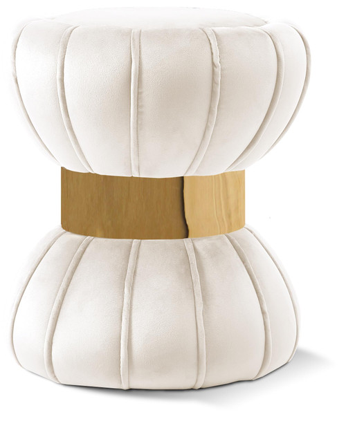 Vino Collection Modern | Contemporary Velvet Upholstered Hourglass Shaped Ottoman/Stool with Gold Finished Stainless Steel Band, 15.5" W x 15.5" D x 17" H, Cream
