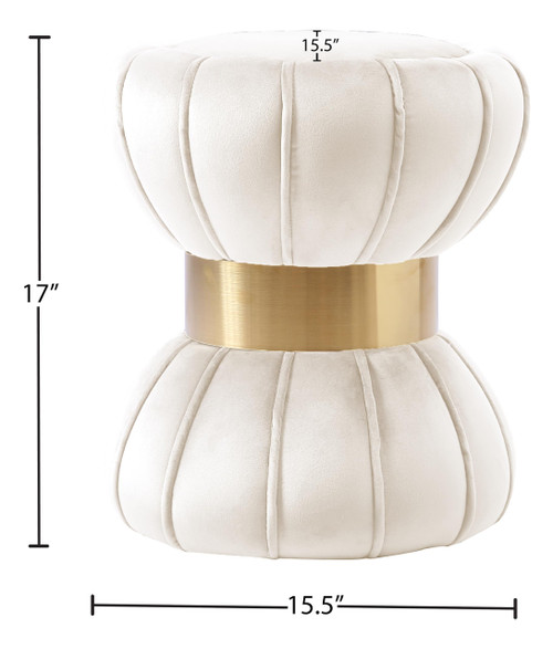 Vino Collection Modern | Contemporary Velvet Upholstered Hourglass Shaped Ottoman/Stool with Gold Finished Stainless Steel Band, 15.5" W x 15.5" D x 17" H, Cream