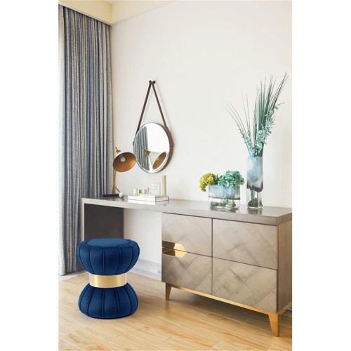 Vino Collection Modern | Contemporary Velvet Upholstered Hourglass Shaped Ottoman/Stool with Gold Finished Stainless Steel Band, 15.5" W x 15.5" D x 17" H, Navy