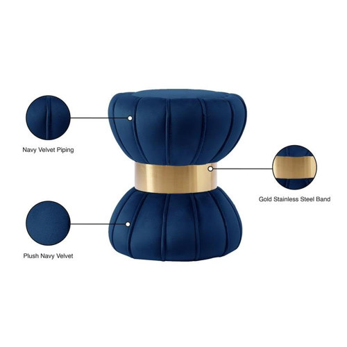 Vino Collection Modern | Contemporary Velvet Upholstered Hourglass Shaped Ottoman/Stool with Gold Finished Stainless Steel Band, 15.5" W x 15.5" D x 17" H, Navy
