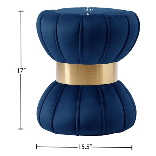 Vino Collection Modern | Contemporary Velvet Upholstered Hourglass Shaped Ottoman/Stool with Gold Finished Stainless Steel Band, 15.5" W x 15.5" D x 17" H, Navy