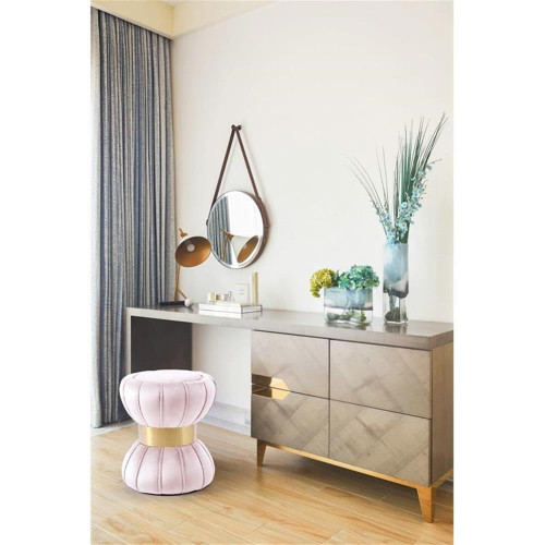 Vino Collection Modern | Contemporary Velvet Upholstered Hourglass Shaped Ottoman/Stool with Gold Finished Stainless Steel Band, 15.5" W x 15.5" D x 17" H, Pink