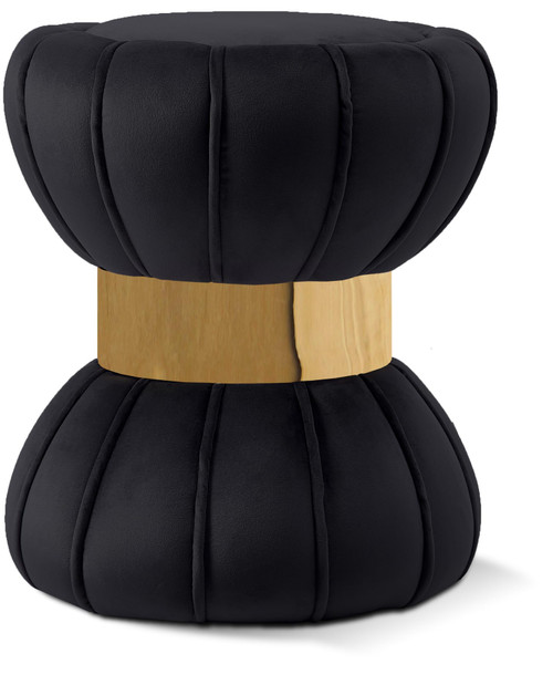 Vino Collection Modern | Contemporary Velvet Upholstered Hourglass Shaped Ottoman/Stool with Gold Finished Stainless Steel Band, 15.5" W x 15.5" D x 17" H, Black