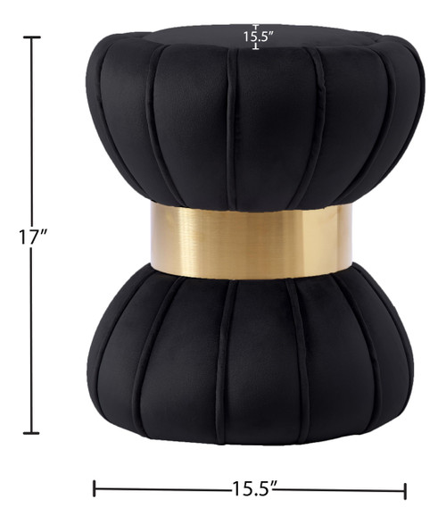 Vino Collection Modern | Contemporary Velvet Upholstered Hourglass Shaped Ottoman/Stool with Gold Finished Stainless Steel Band, 15.5" W x 15.5" D x 17" H, Black