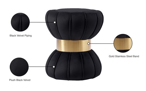Vino Collection Modern | Contemporary Velvet Upholstered Hourglass Shaped Ottoman/Stool with Gold Finished Stainless Steel Band, 15.5" W x 15.5" D x 17" H, Black